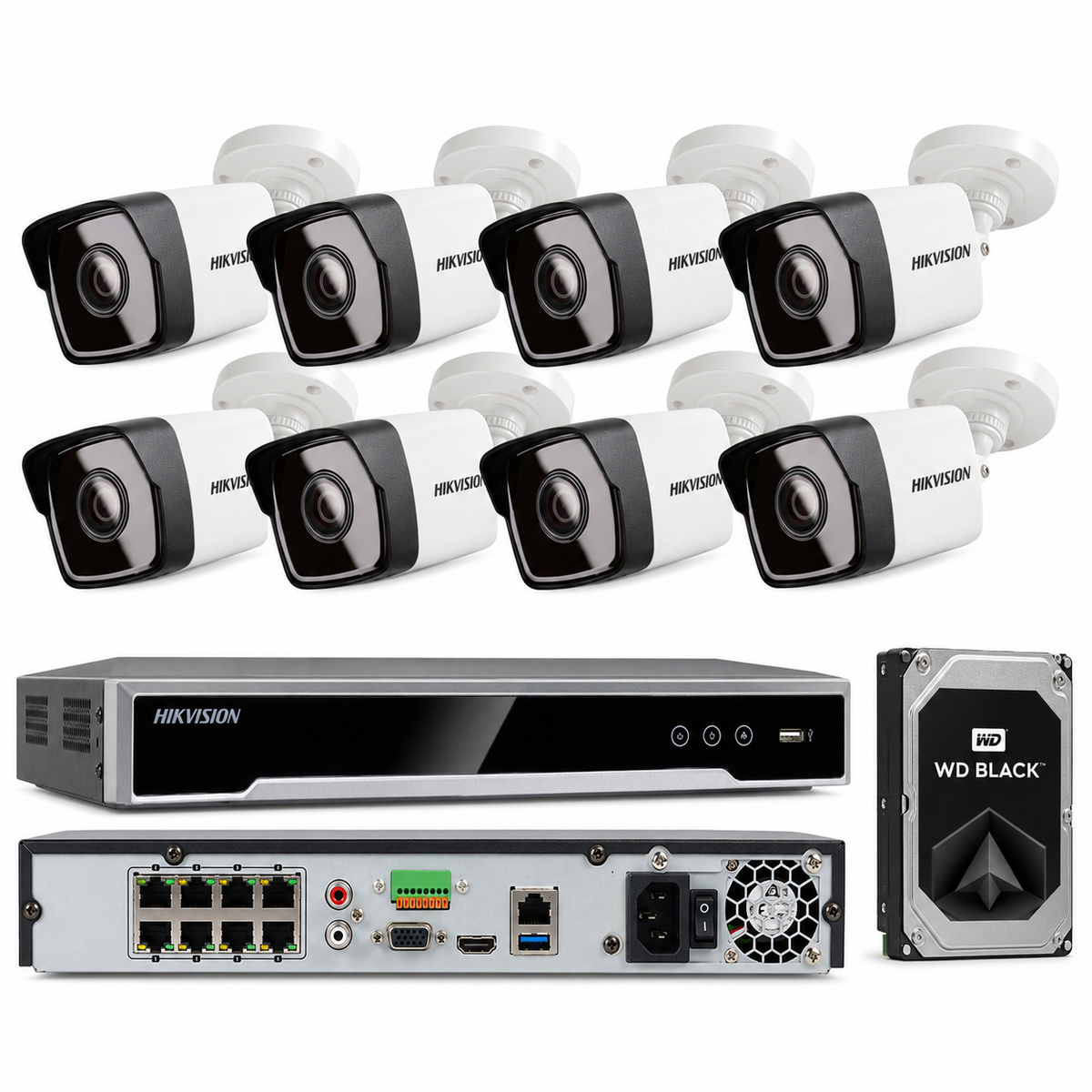 Hikvision DS-2CD1043G0-I y DS-7608NI-K2 SISTEMA DE SEGURIDAD 8 CANALES POE CÁMARA BULLET 4MP IPV67