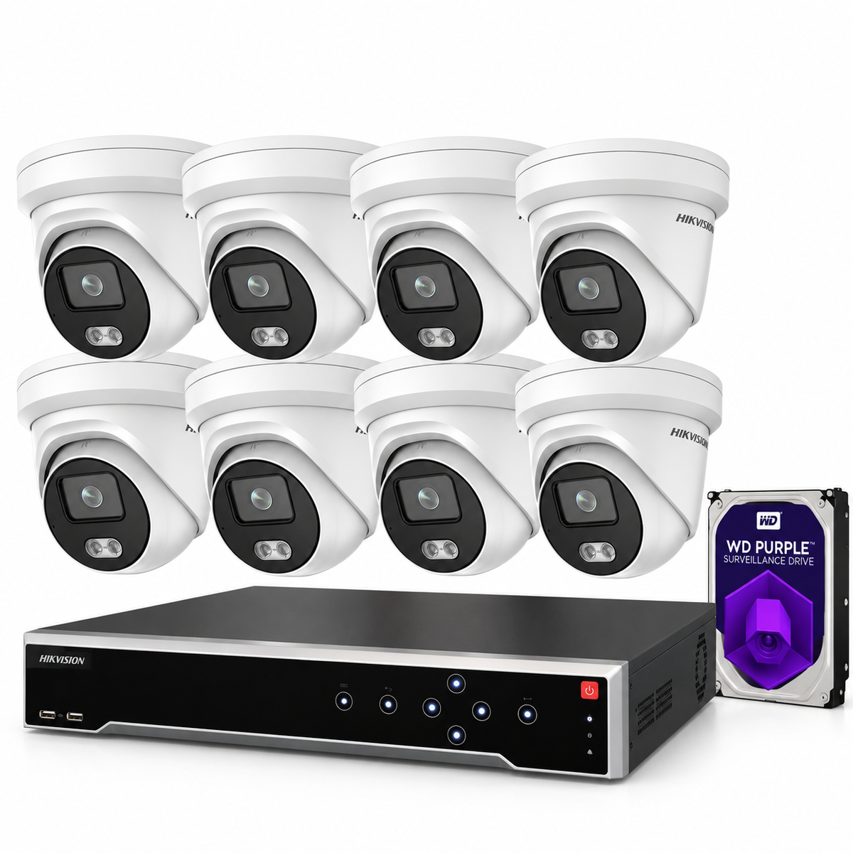 Sistema de seguridad CCTV Hikvision NVR 4K de 8 canales, 8 cámaras IP PoE ColorVu tipo torreta de 4MP