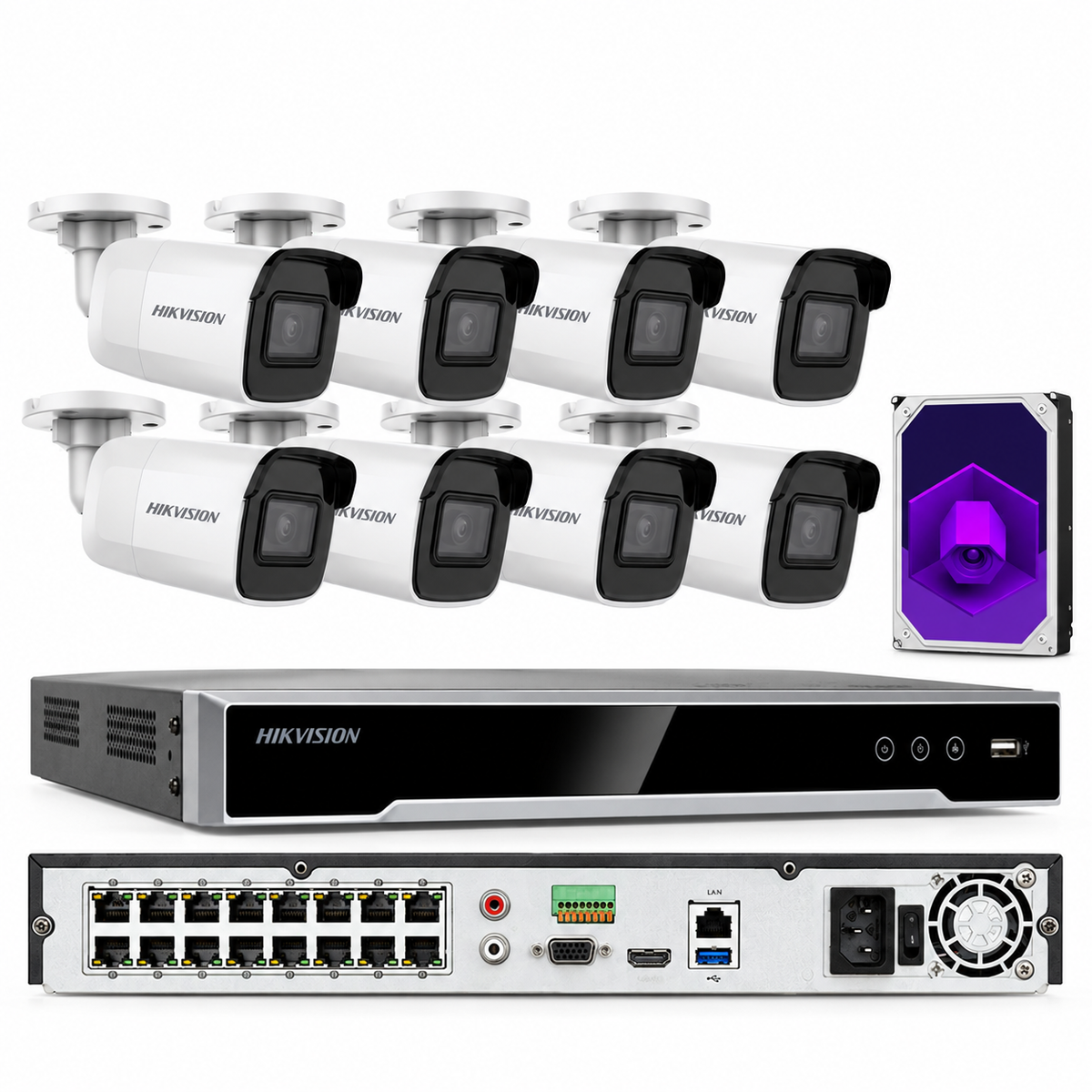 Sistema de cámara de seguridad Hikvision 4K 2MP 16 canales IP H.265 WDR 2TB PÚRPURA