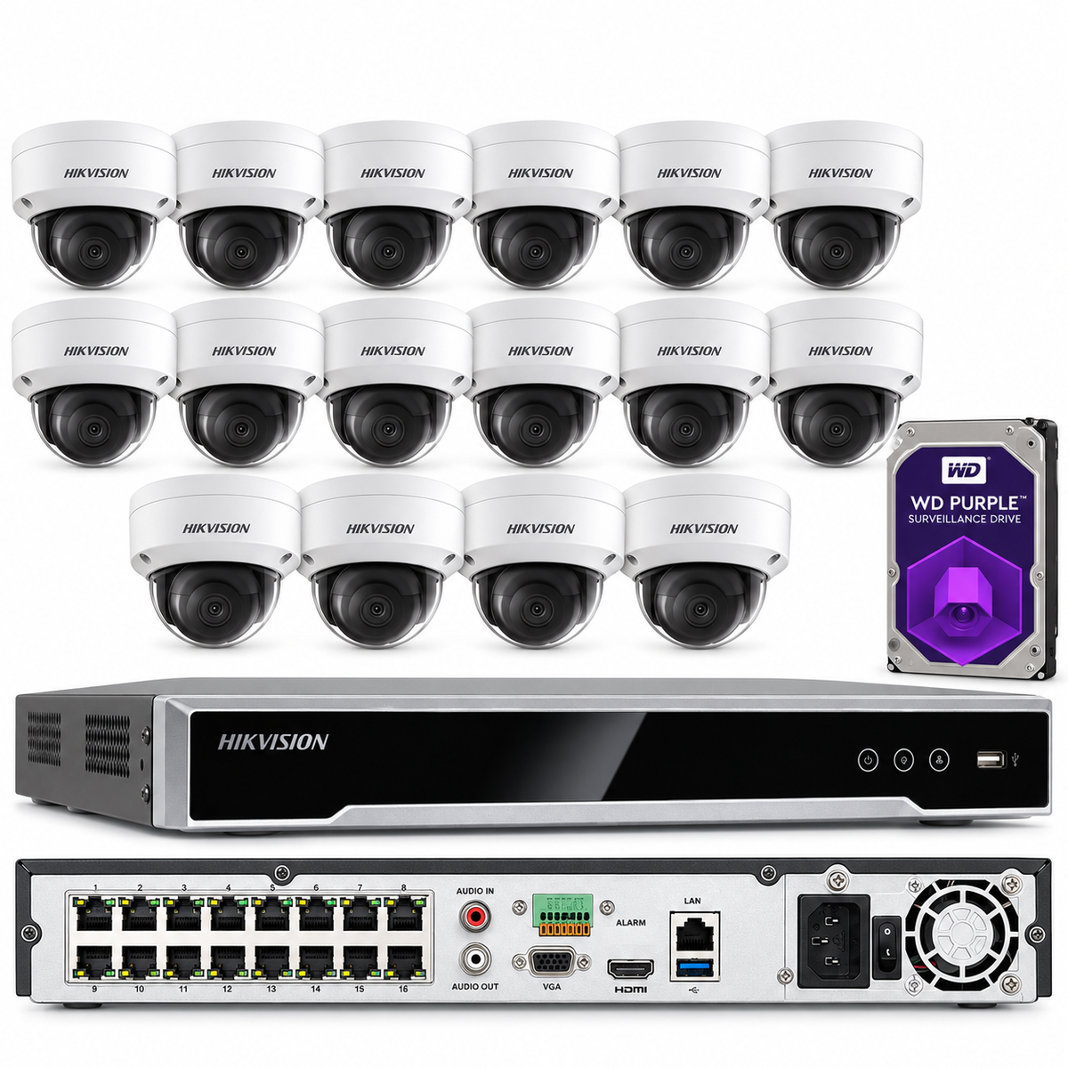 Sistema CCTV Hikvision de 16 canales y 8 MP con 16 cámaras de seguridad IP PoE de 8 megapíxeles con AcuSense
