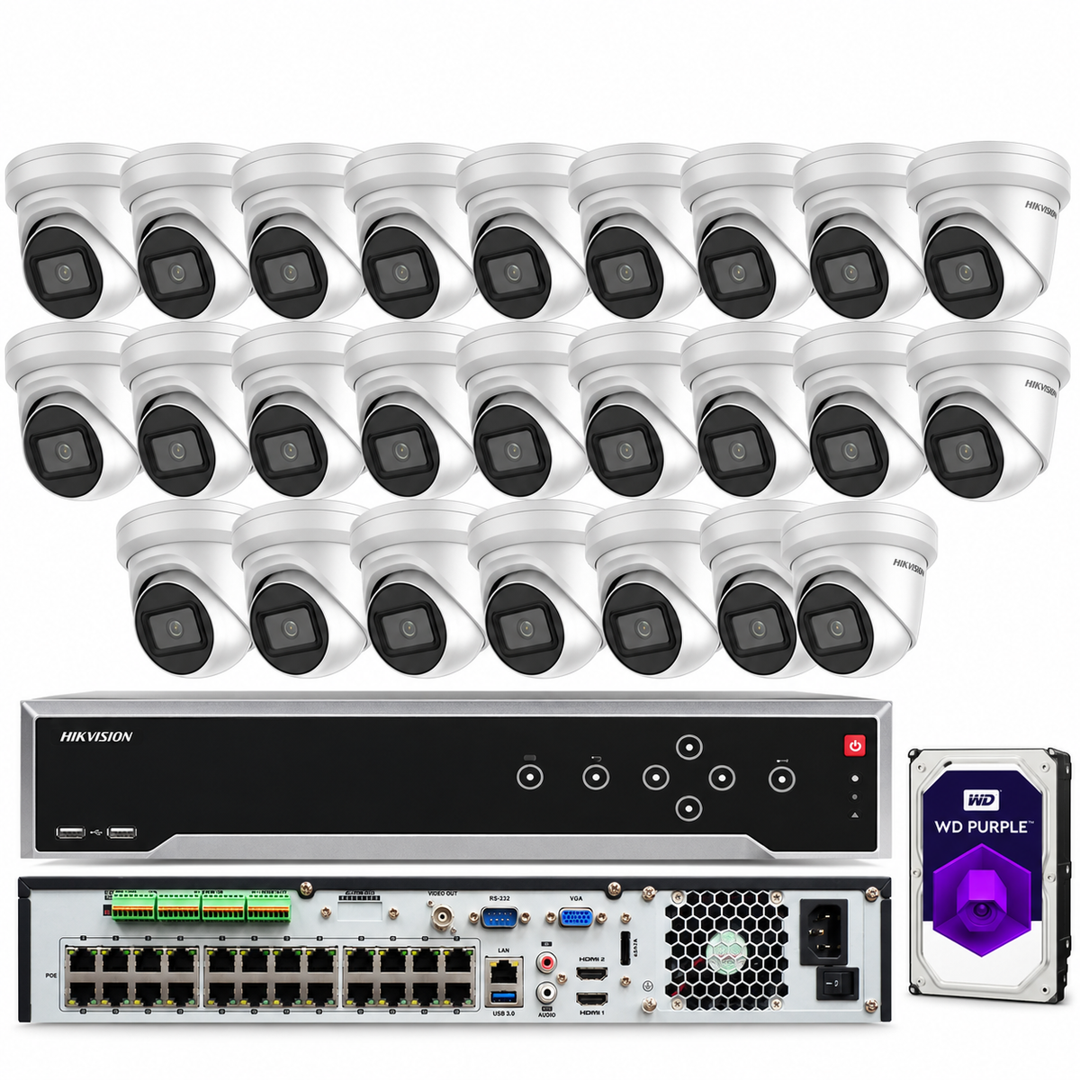 SISTEMA DE SEGURIDAD HIKVISION 32 CANALES 12MP 24 CÁMARAS POE TIPO TORRE DARKFIGHTER 4K 8 MP OPCIÓN HDD