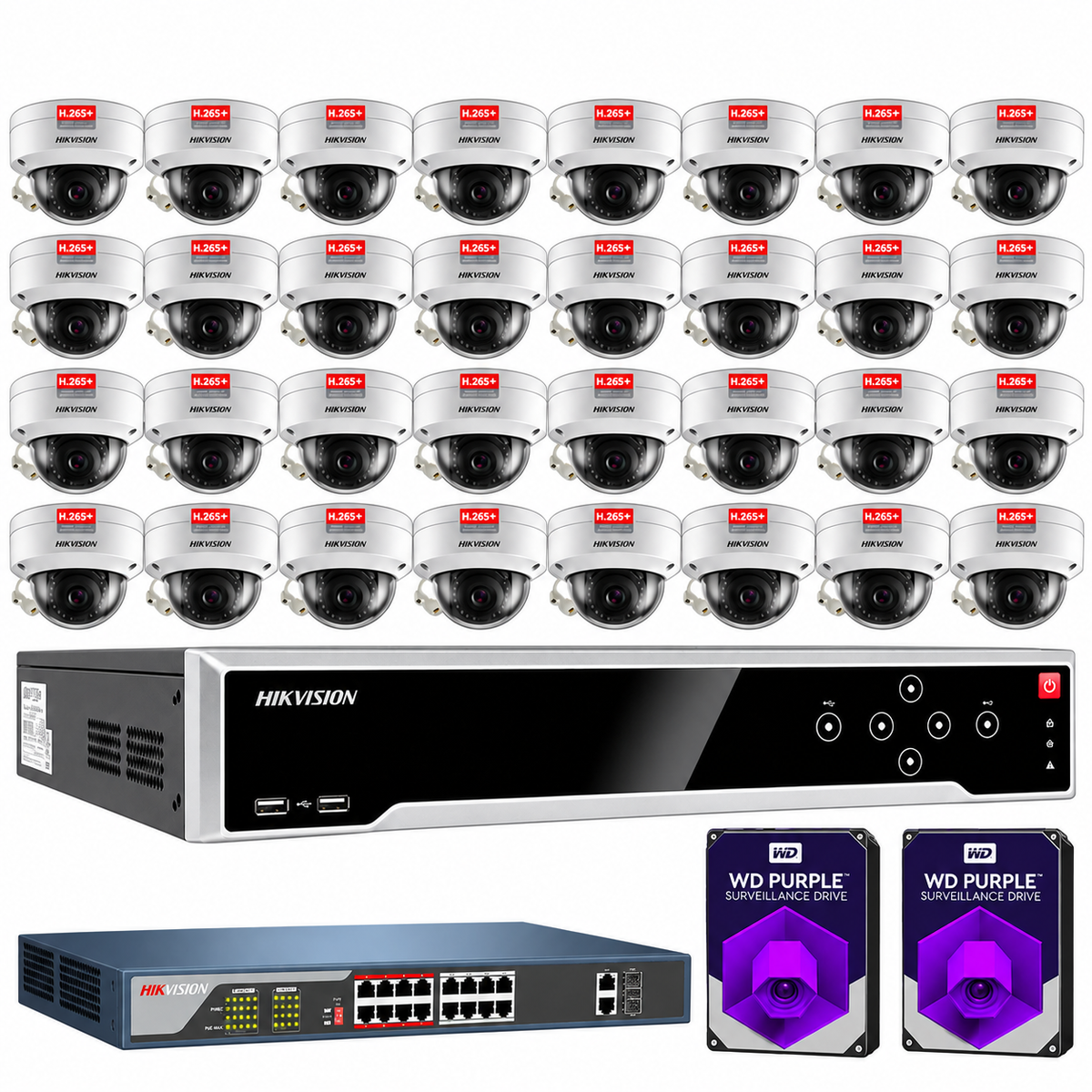 Hikvision 32CH Security System NVR KIT 32 PoE Dome IP Camera 2MP HD W/8TB HDD