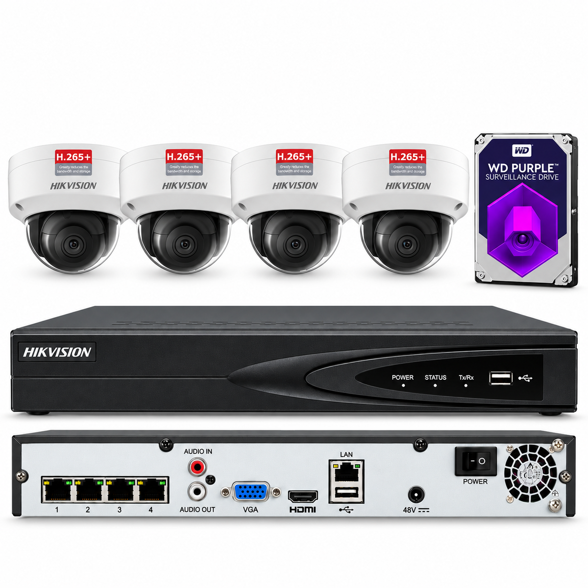 Hikvision 4 Channel 4K 8MP PoE NVR (4)x 4MP IP Dome W audio CCTV Security System