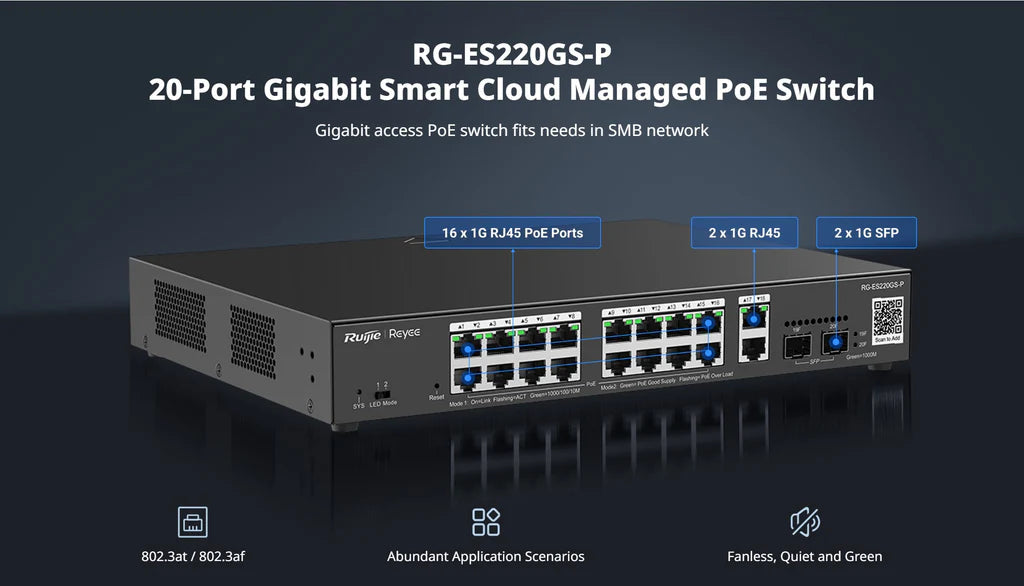 Conmutador PoE Gigabit de 20 puertos RG-ES220GS-P