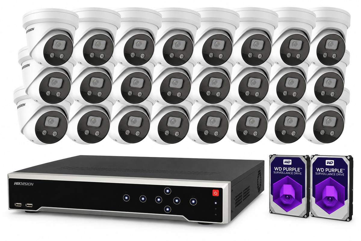 Sistema de CCTV HIKVISION 4K de 32 canales y 8 MP con 24 cámaras IP de seguridad Darkfighter Acusense