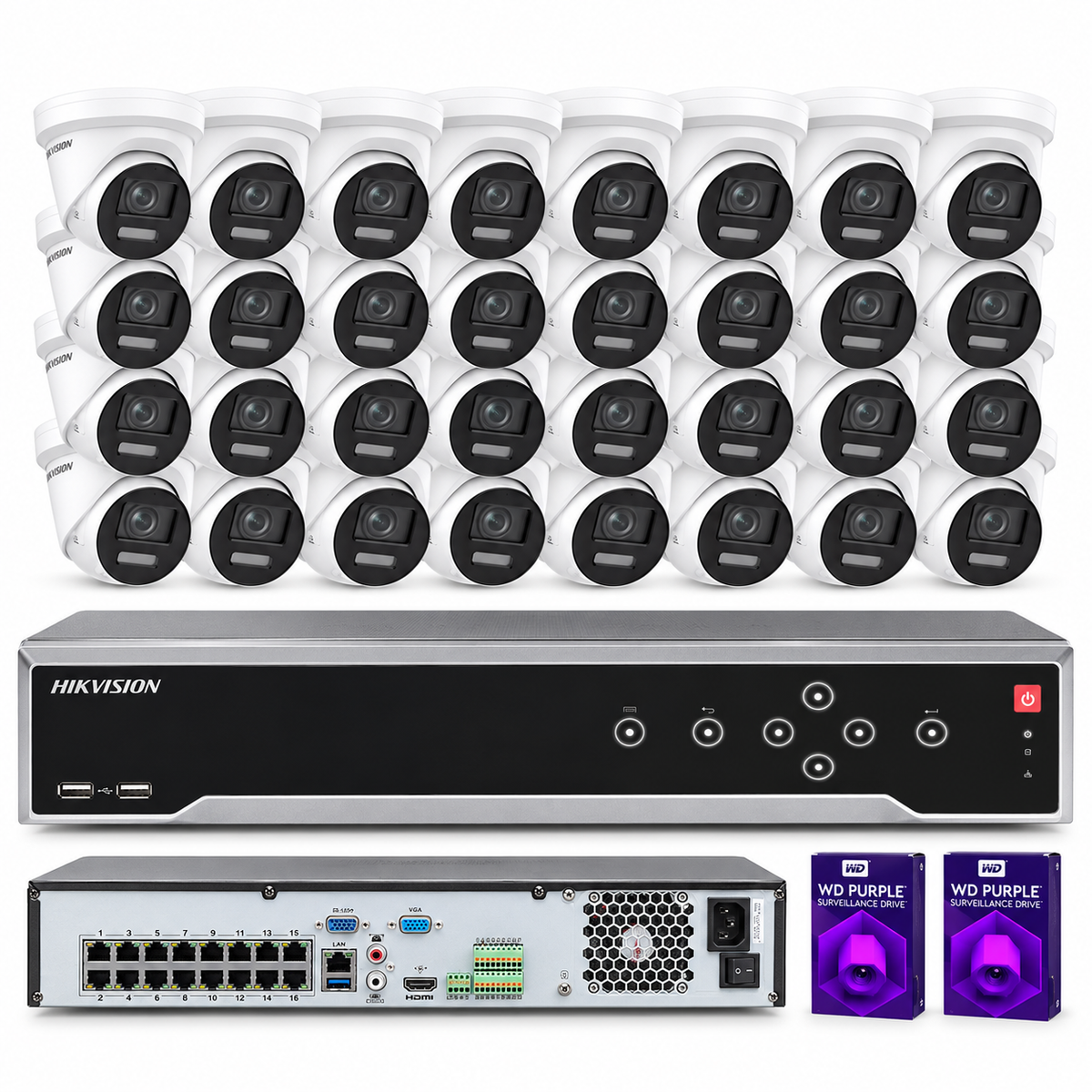 Sistema de cámaras de seguridad PoE NVR de 32 canales y 32 MP de Hikvision, torreta de 8 MP con audio bidireccional, bajo nivel de ruido