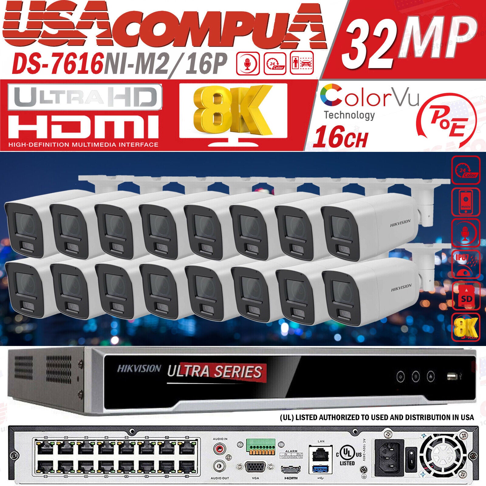 Hikvision 4k Acusense 32MP NVR 16CH CCTV Camera System DS-2CD2047G2-LU 4MP Lot