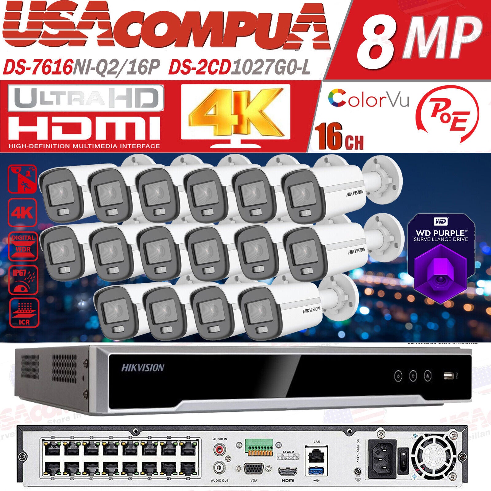 HIKVISION 16CH IP SECURITY SYSTEM COLORVU BULLET 2MP DOME / HDD DS-2CD1027G0-L