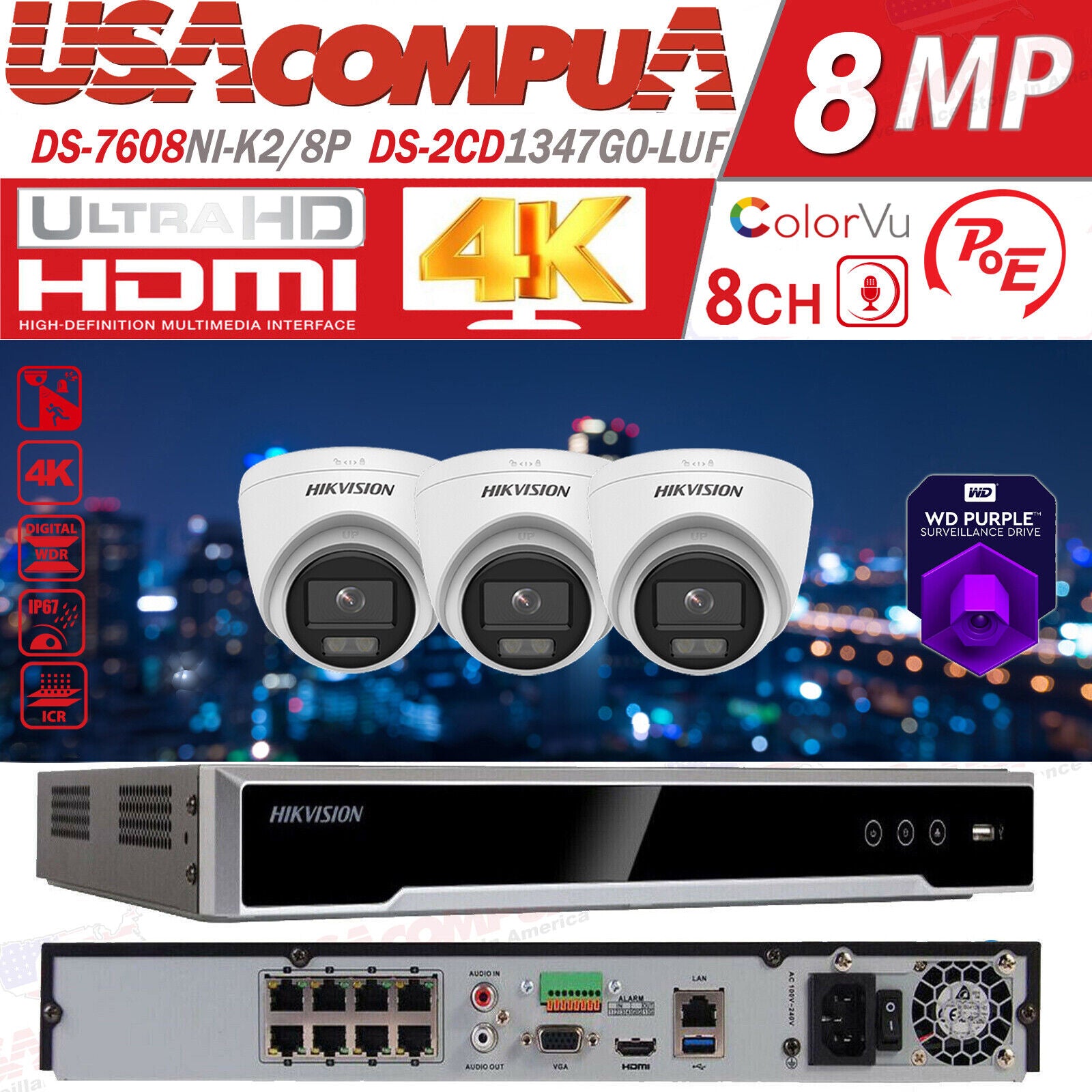 Hikvision 4K 8CH 4MP Security CCTV Camera System PoE IP ColorVu W/Audio