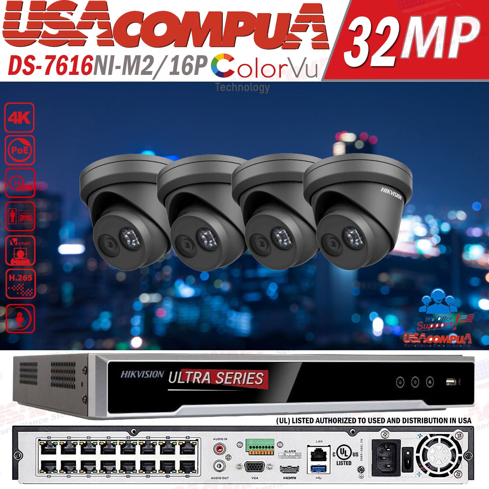 Sistema de cámaras de seguridad IP CCTV Hikvision 8K 16 CANALES 32MP DS-2CD2383G2-IU 8MP NEGRO