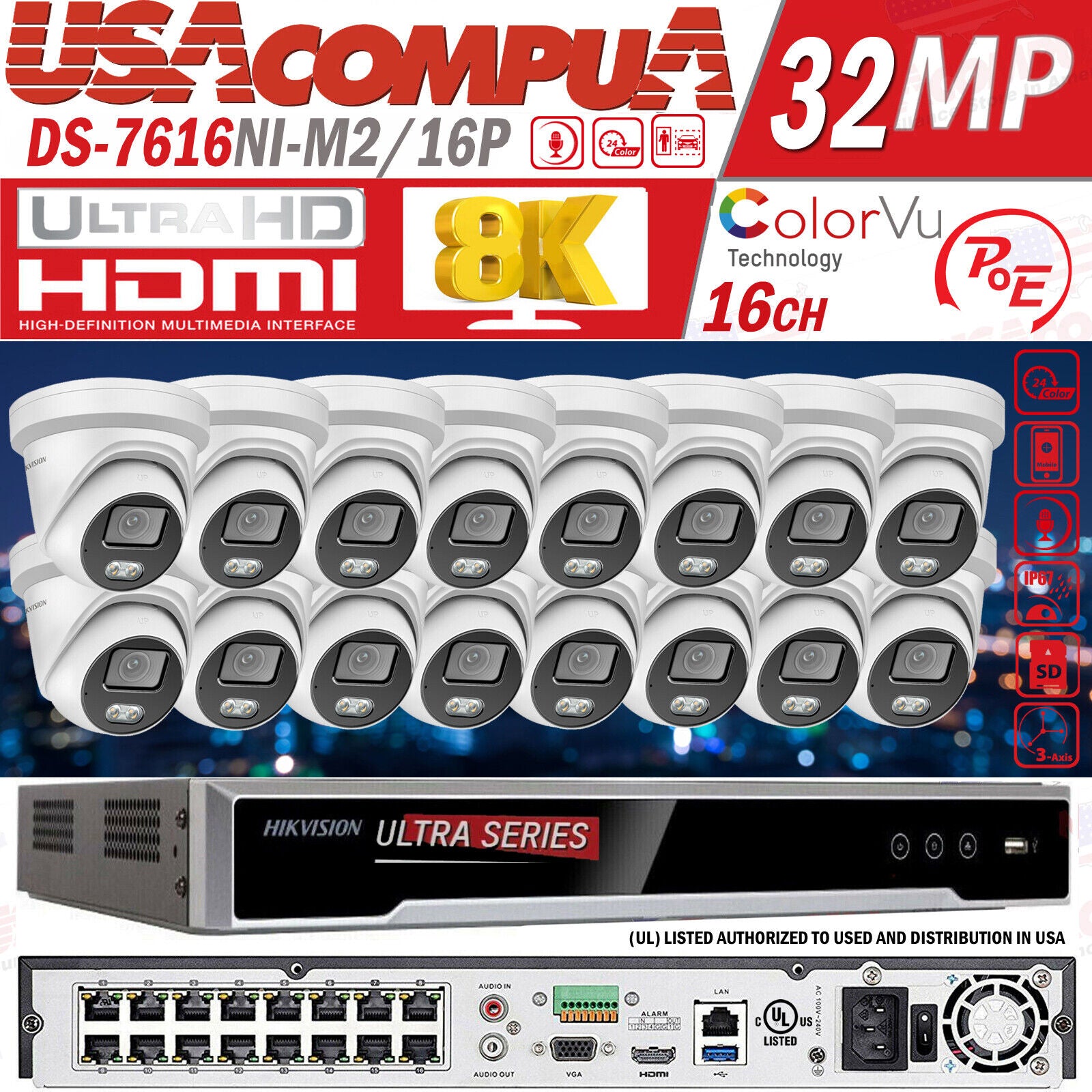 Hikvision 8K 32MP NVR 16CH CCTV Camera System DS-2CD2347G2-LU 4MP Lot