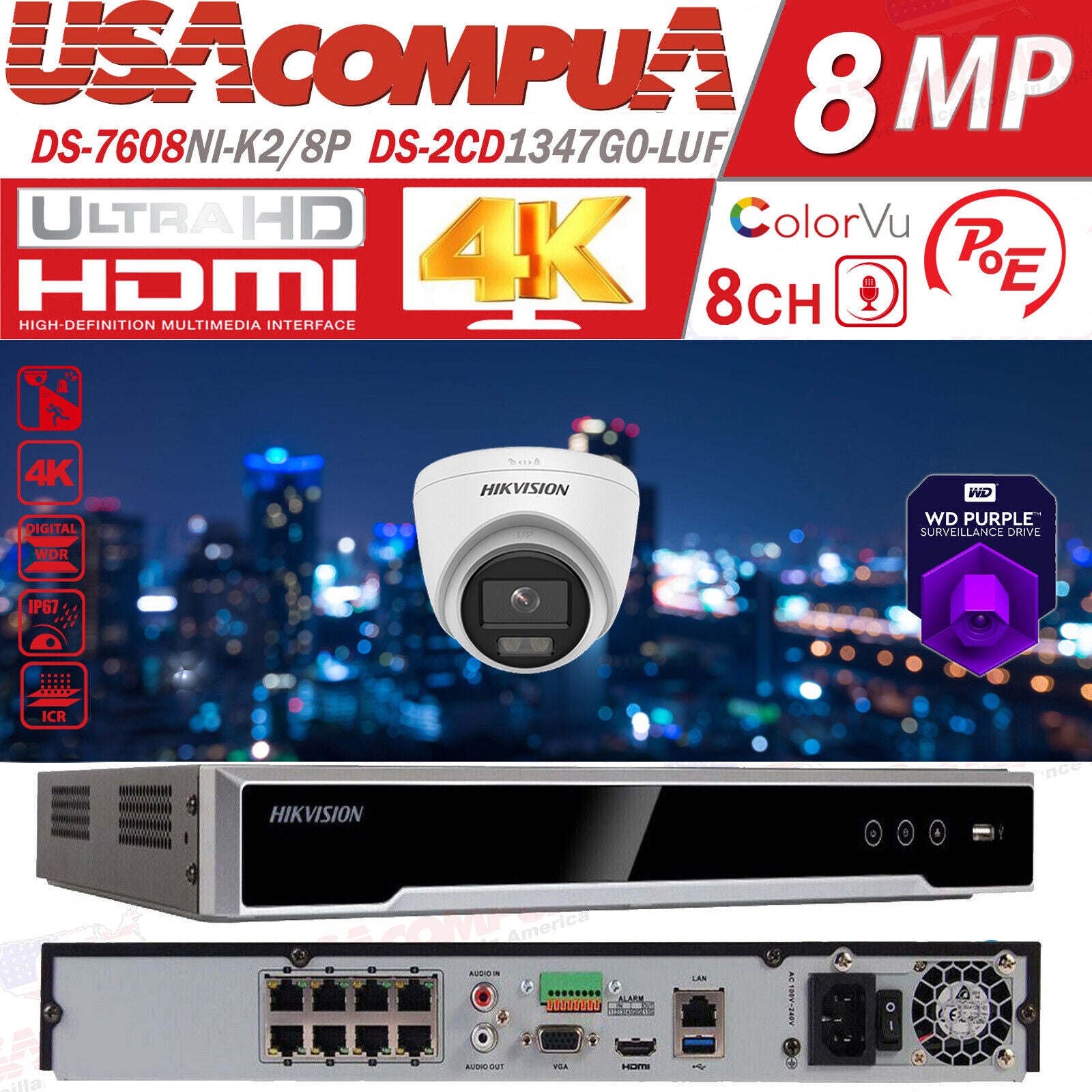 Hikvision 4K 8CH 4MP Security CCTV Camera System PoE IP ColorVu W/Audio