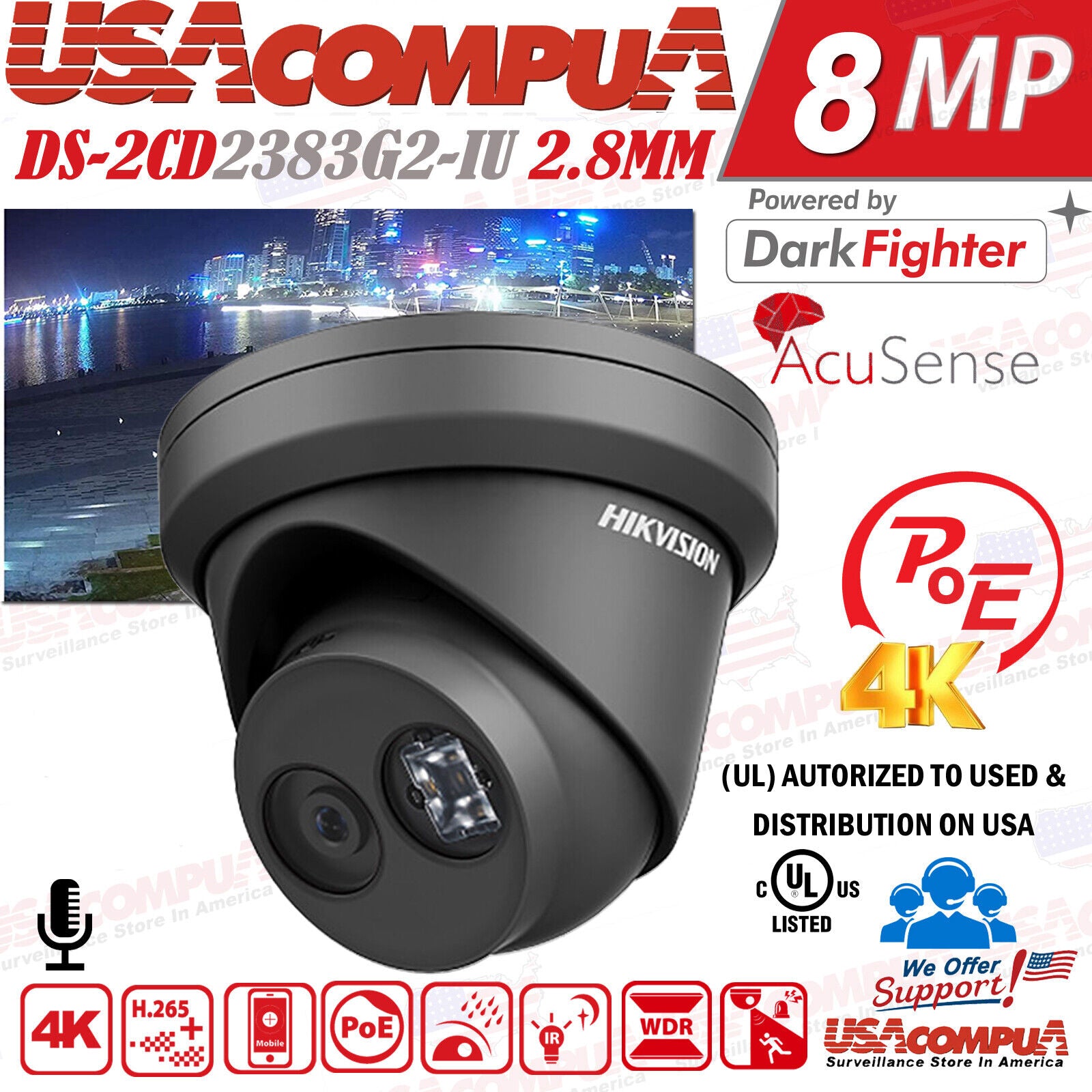Sistema de cámaras de seguridad IP CCTV Hikvision 8K 16 CANALES 32MP DS-2CD2383G2-IU 8MP NEGRO