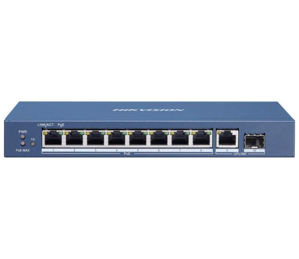 Conmutador PoE no gestionado Gigabit Hikvision DS-3E0510P-E/M de 8 puertos