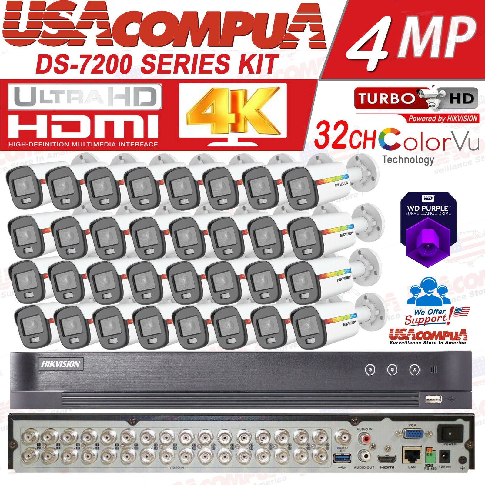 HIKVISION 32CH SECURITY CAMERA SYSTEM BULLET COLORVU 2MP W/HDD