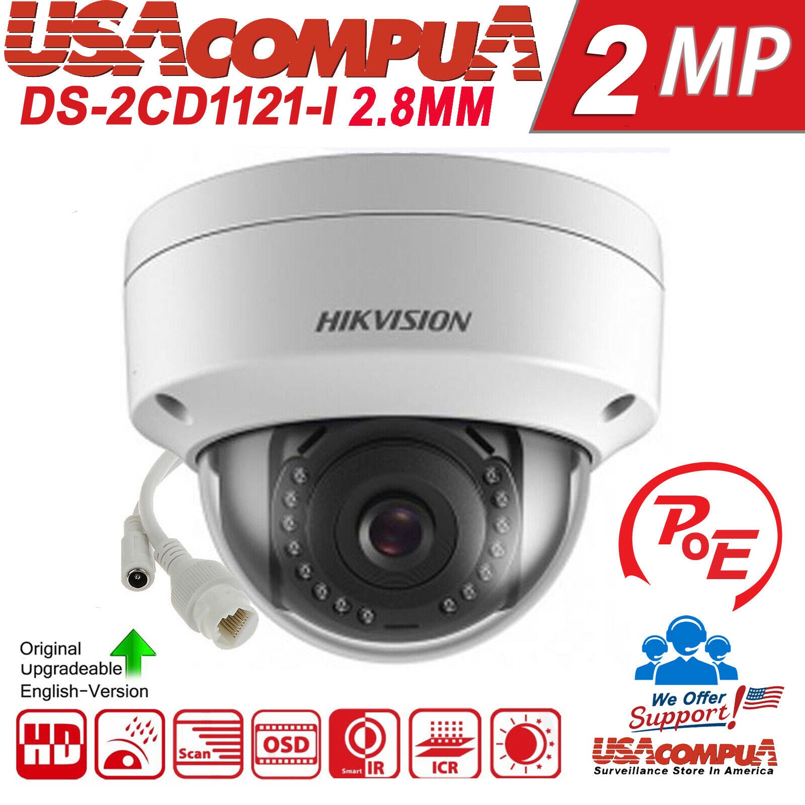 DS-2CD1123G0E-I HIKVISION 2MP POE Original IP CAMERA W/VANDAL PROOF 102 DEGREE