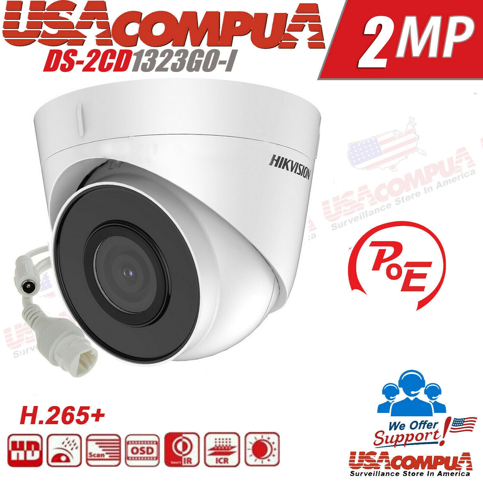 DS-2CD1323G0-I 2.8MM HIKVISION 2MP POE Camera IP fix lent Turret Waterproof H265