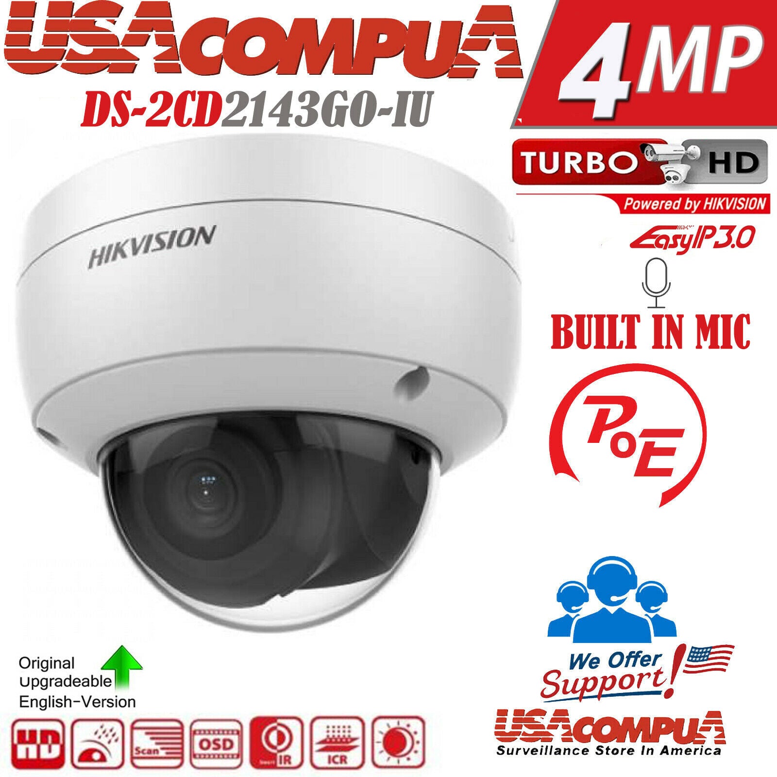 DS-2CD2143G0-IU Hikvision 4MP POE W/ audio H,265 ENGLISH (2.8mm) Built-In-Mic