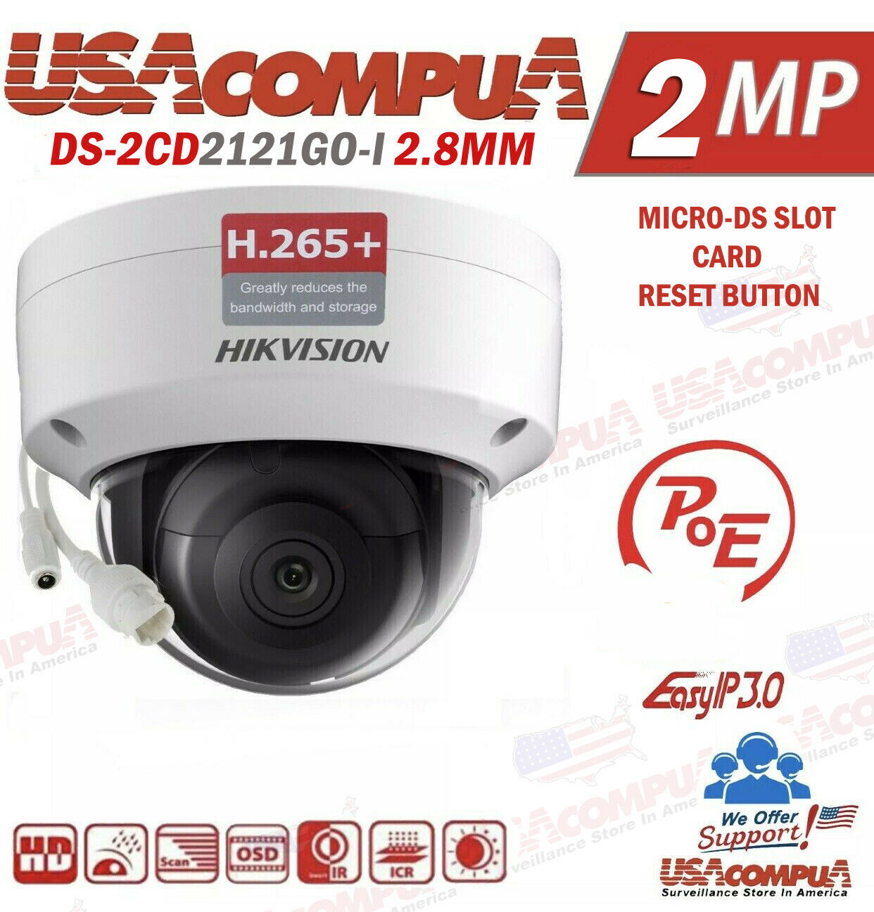 DS-2CD2121G0-I Hikvision 2MP POE IP Camera 1080P H.265+ IR30m IP67 2.8mm WDR