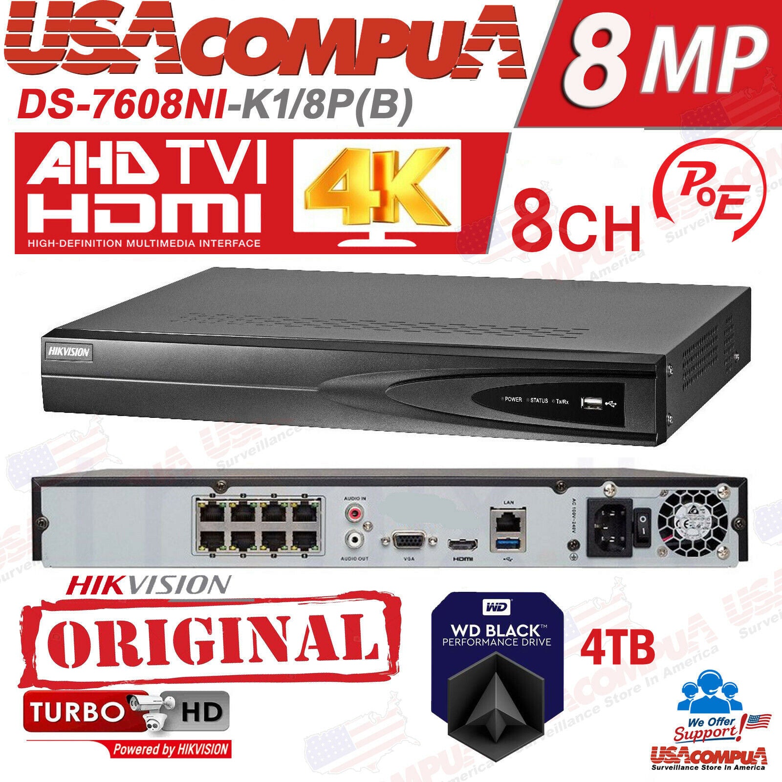 Hikvision DS-7608NI-K1/8P 8 Channel PoE 4K NVR IP Camera Recorder H.265+ 8TB HDMI Remote Access
