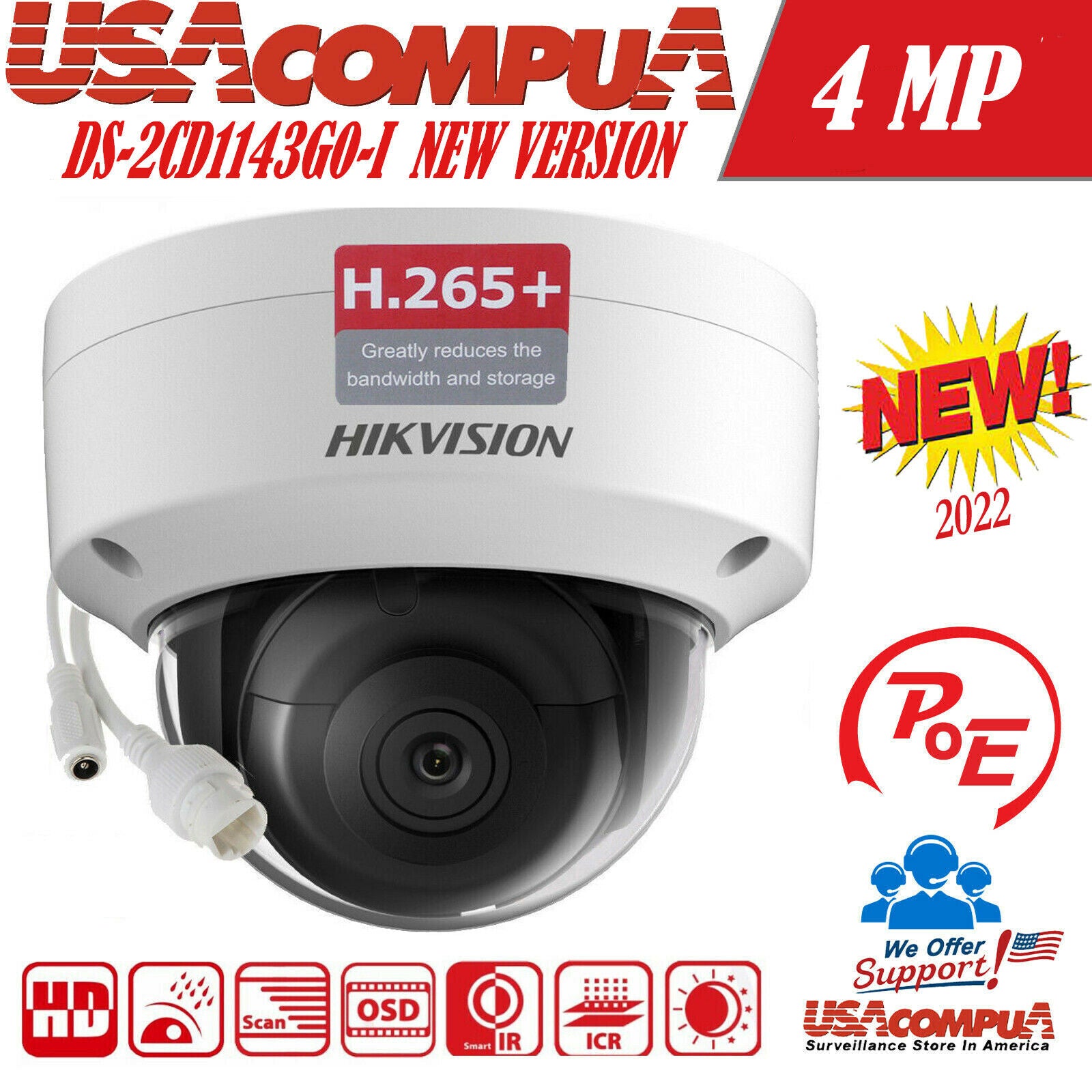 Hikvision DS-2CD1143G0-I 4MP IP Dome Camera PoE IK10 IP67 IR WDR H.265+