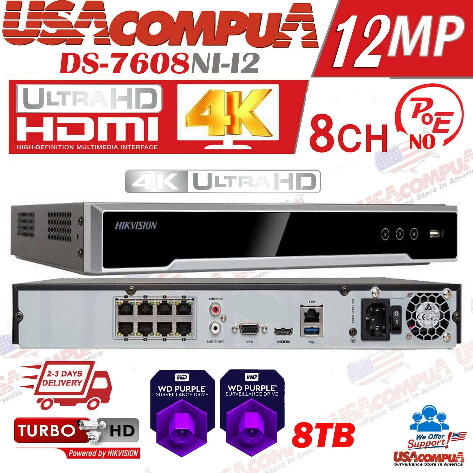 DS-7608NI-I2/8P Hikvision 8CH 12MP NVR 8 Channel POE Hard Drive Purple Optional