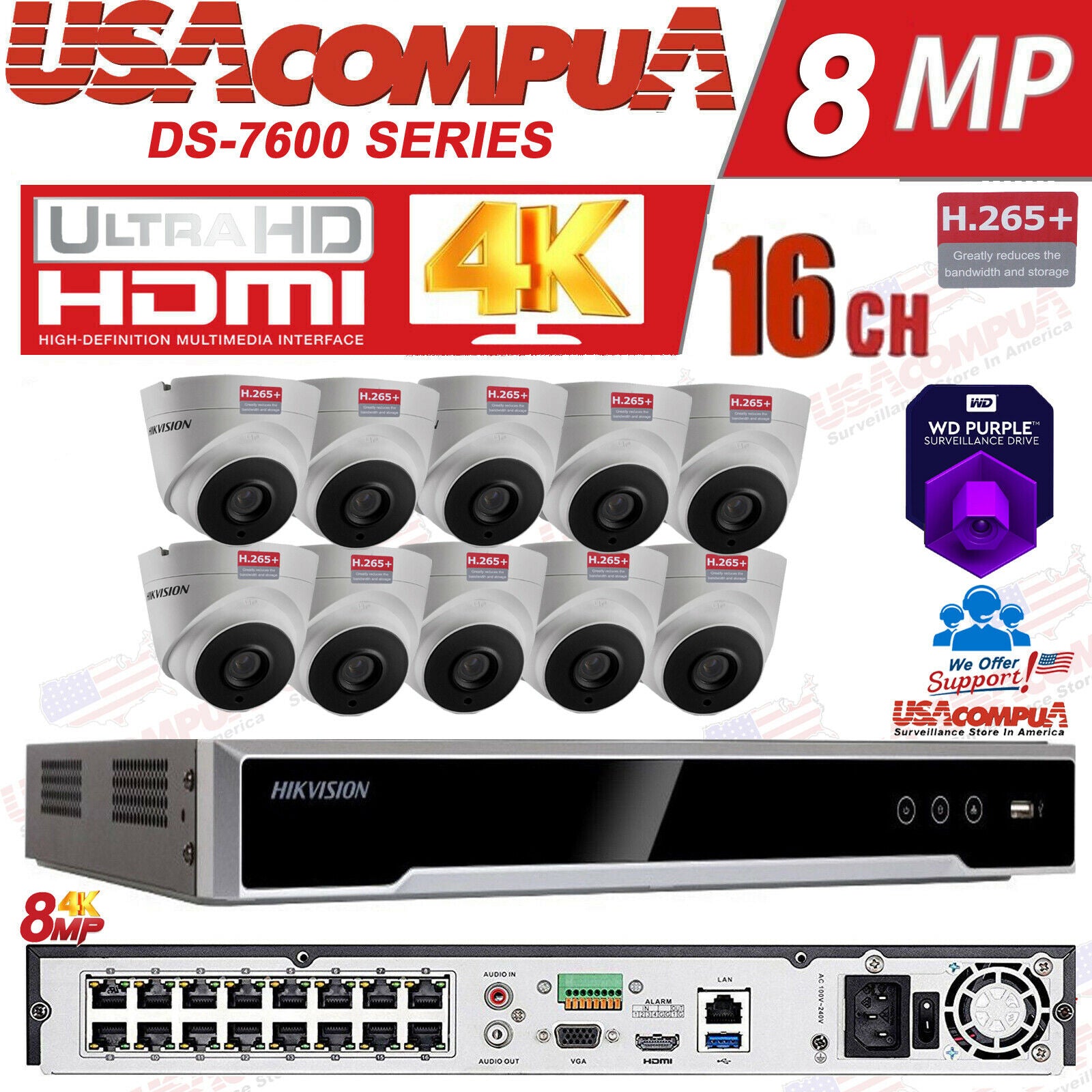 Hikvision KIT 16CH NVR 16 POE /4TB HDD /10 Cameras 4MP IP Security System H.265+