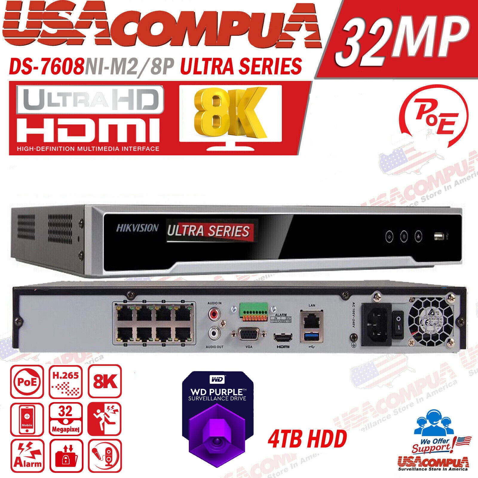 Hikvision 32MP 8CH POE Security Camera System 8K NVR W/Bullet 4MP Built In Audio