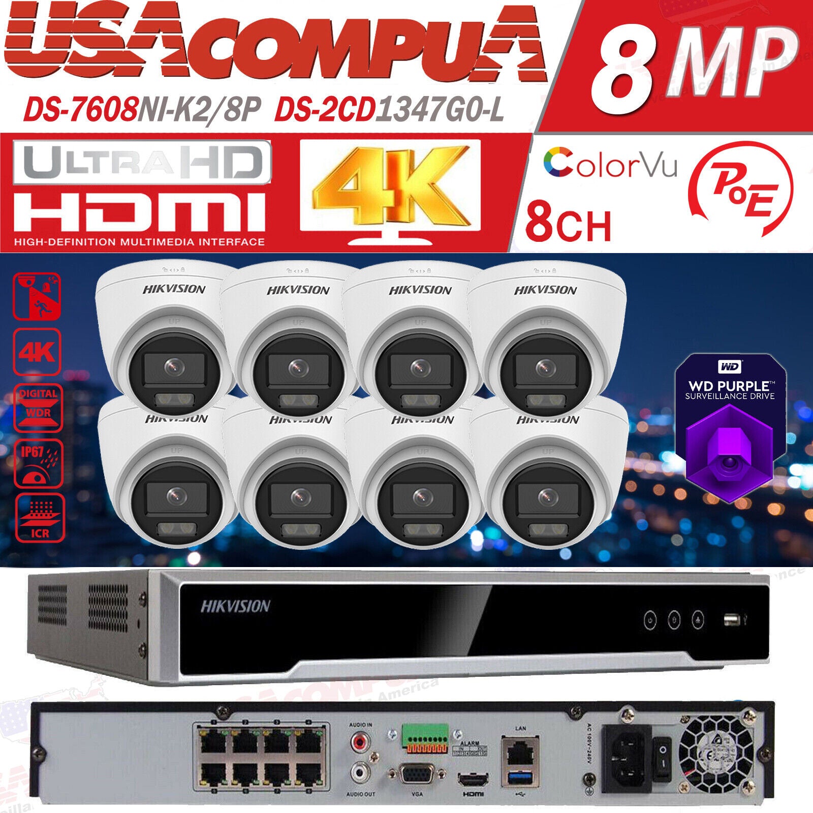 Hikvision 4K 8CH 4MP Security CCTV System Kit 8POE NVR IP Camera ColorVu MIC Lot