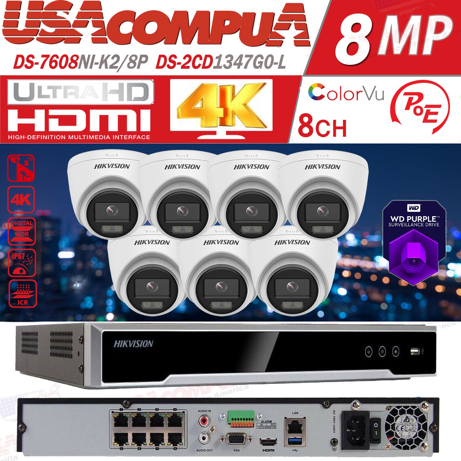 Hikvision 4K 8CH 4MP Security CCTV System Kit 8POE NVR IP Camera ColorVu MIC Lot