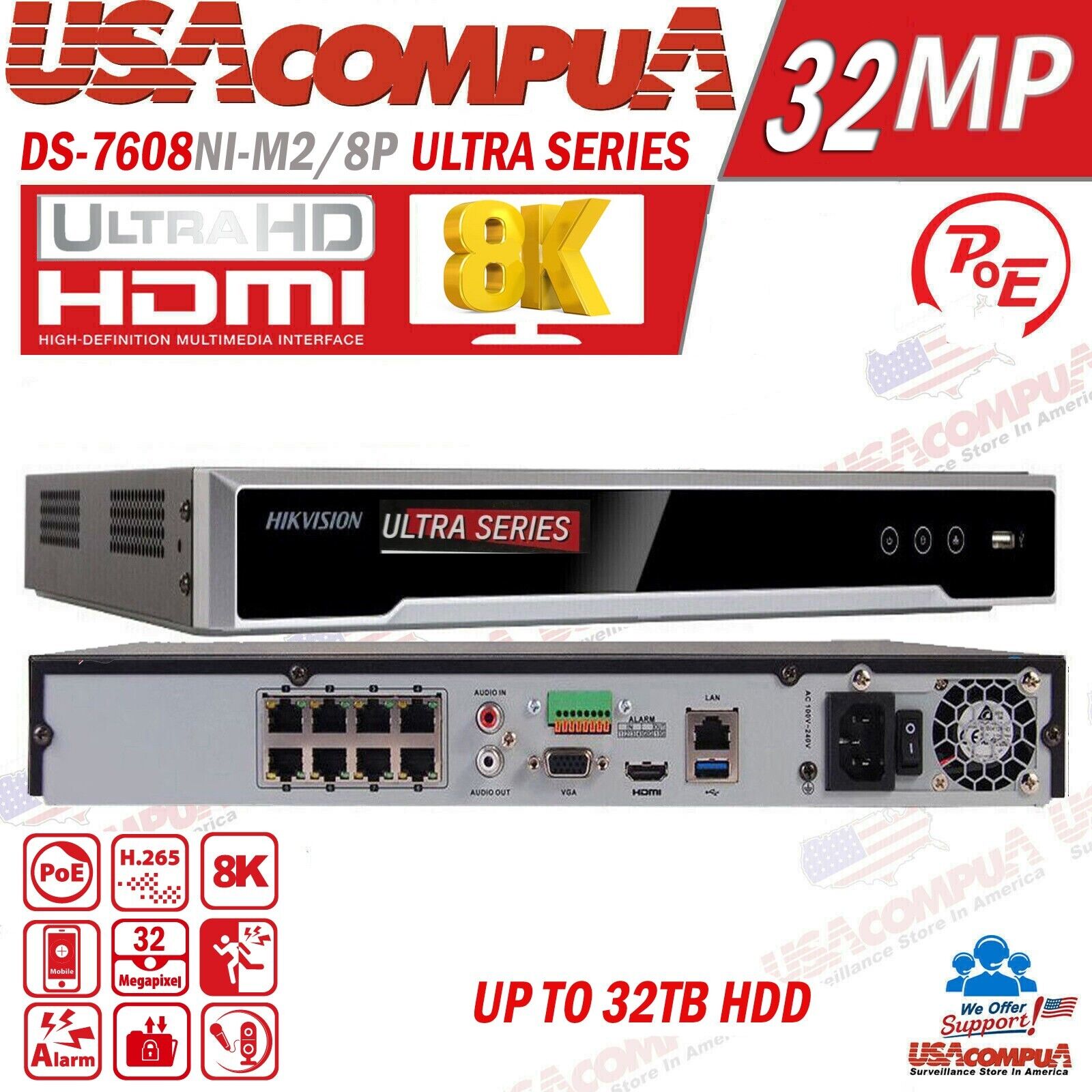 Hikvision DS-7608NI-M2/8P 8CH 8K PoE NVR 32MP H.265+ Network Recorder 2SATA