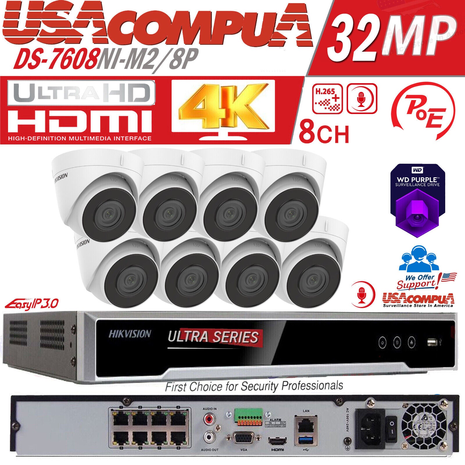 Hikvision 32MP 8CH POE Security Camera System NVR 8K W/Turret Built In Audio D1