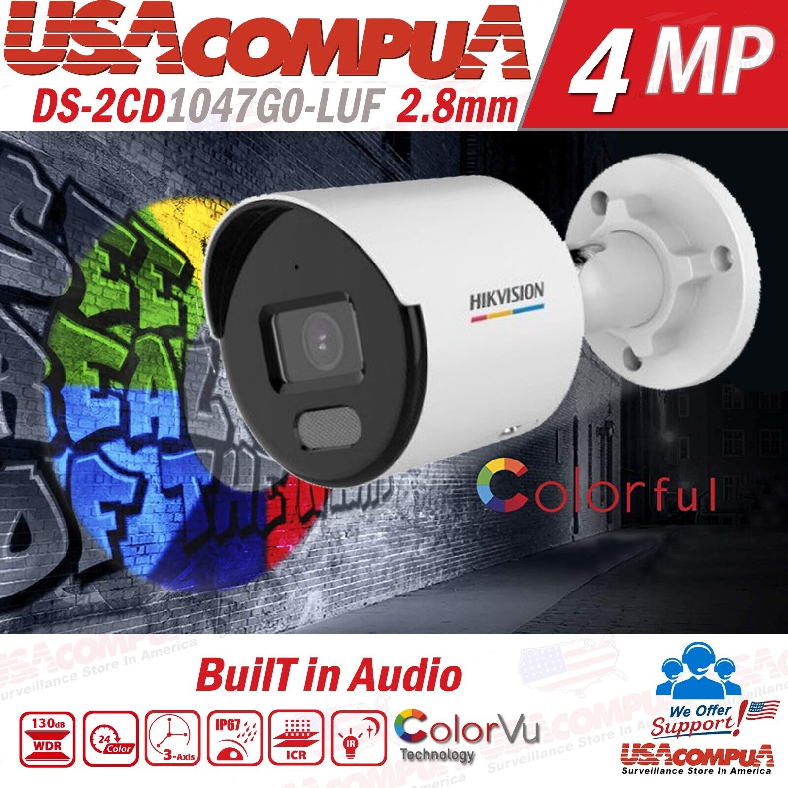 Hikvision DS-2CD1047G0-LUF 4MP ColorVu Security IP Camera Full Color POE W/Audio