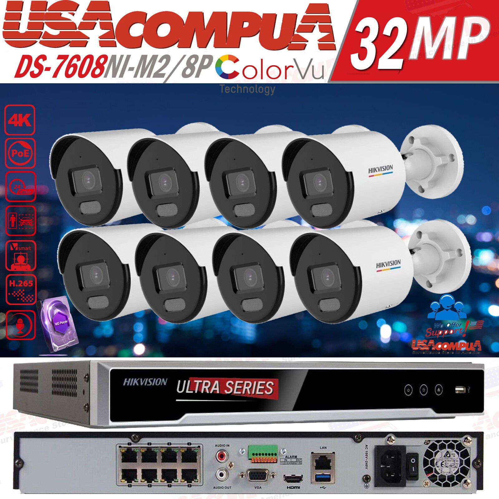 Hikvision 32MP 8CH POE Security Camera System 8K NVR W/Bullet 4MP Built In Audio