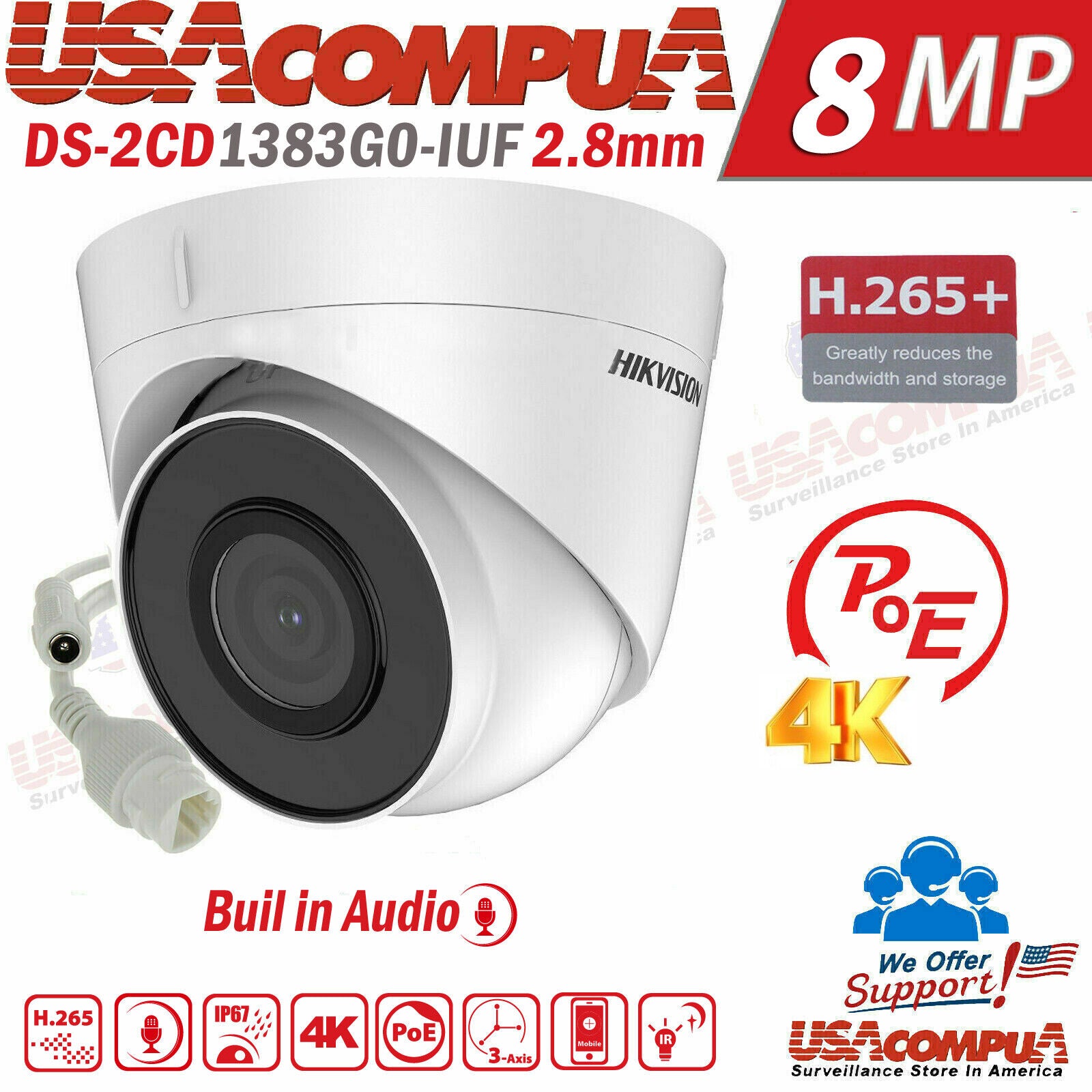 Hikvision 32MP 8CH POE Security Camera System NVR 8K W/Turret Built In Audio D1
