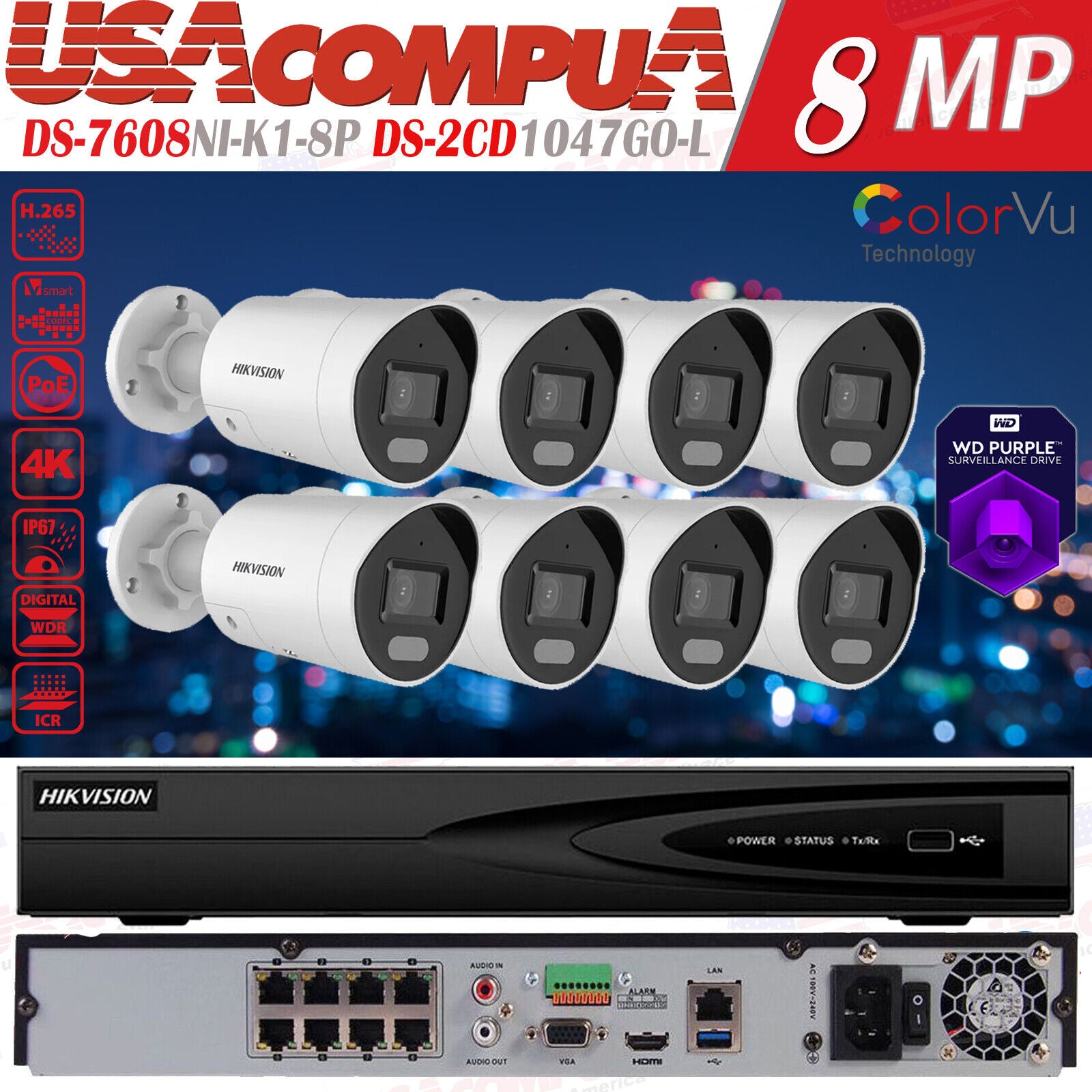 Hikvision 4K 8CH POE NVR Security Camera System CCTV ,4MP Bullet ColorVu