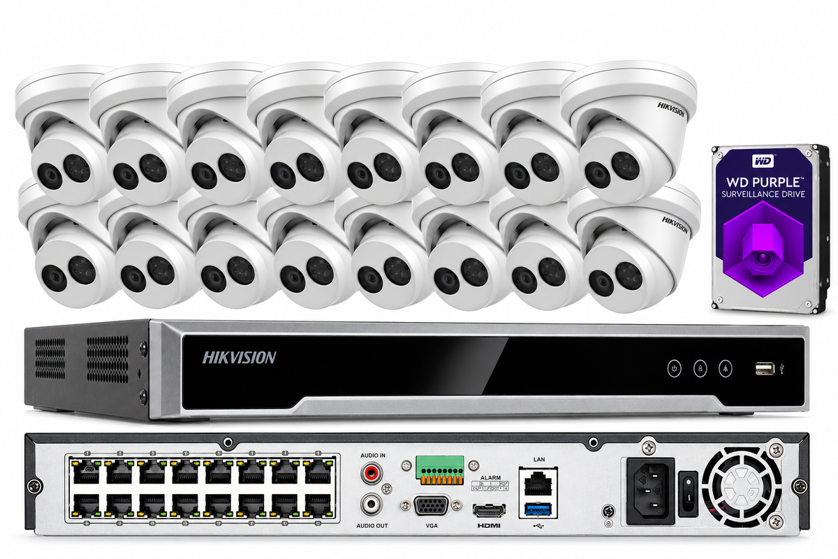 DS-2CD2383G0-IU & DS-7616NI-Q2 Hikvision 16CH 16POE NVR 4MP Turret Mic IP Camera